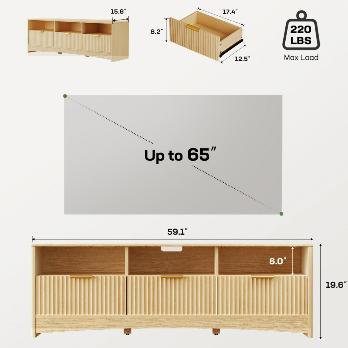 59″ Wide 3 Drawer TV Stand with Open Shelves, Natural Oak D430