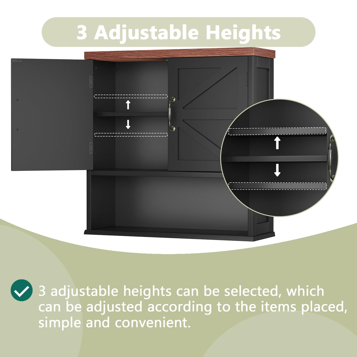 Black Wall Mounted Bathroom Cabinet with Adjustable Shelf B6434