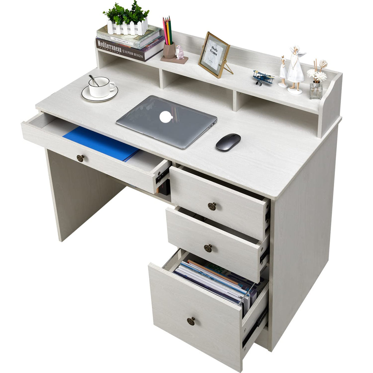 Oak White Computer Desk with 4 Drawers and Hutch Shelf N998309