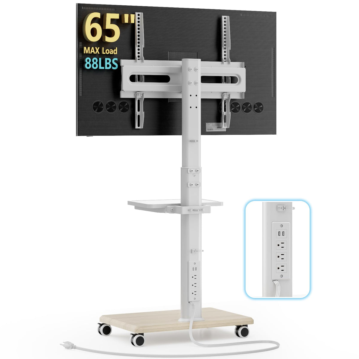 Mobile TV Stand with Power Outlets & Shelf, 27-65 Inch Swivel Height Adjustable White L645