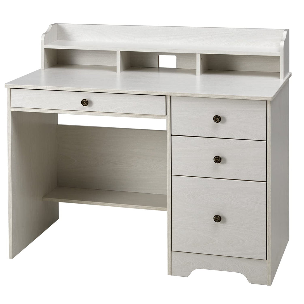 Oak White Computer Desk with 4 Drawers and Hutch Shelf N998309