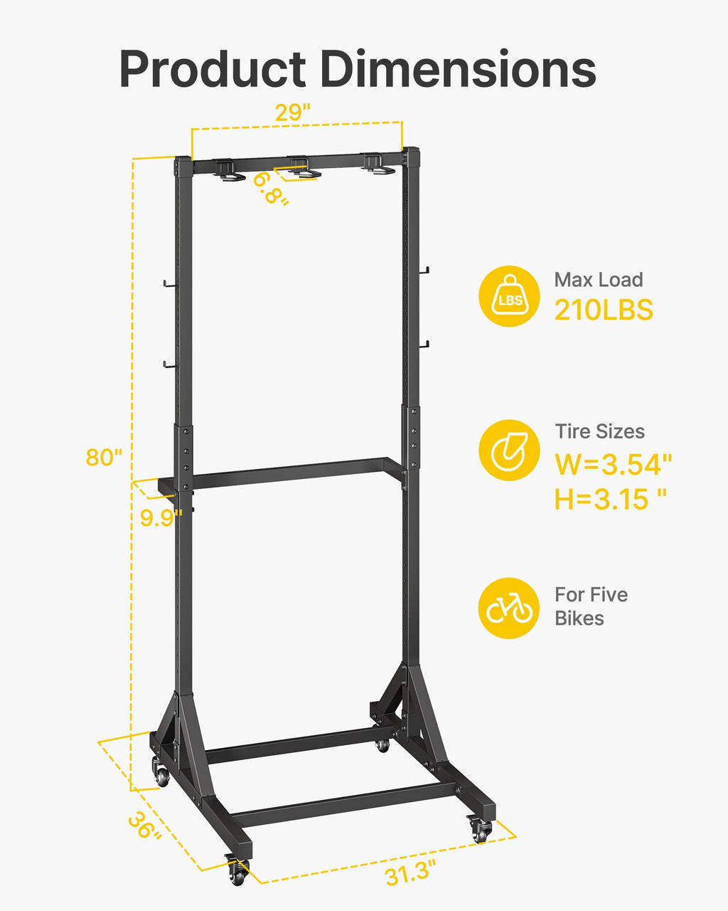 Freestanding Bike Storage Rack with Wheels for 3 Bikes C3648