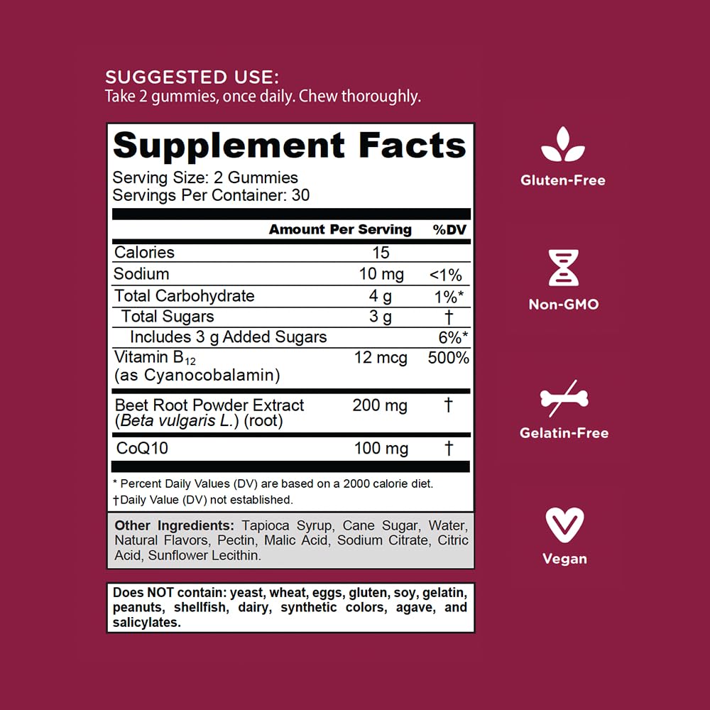 Beets Cardio Gummy 60 Count CoQ10 Beet Root Extract Vegan Gluten-Free O6657