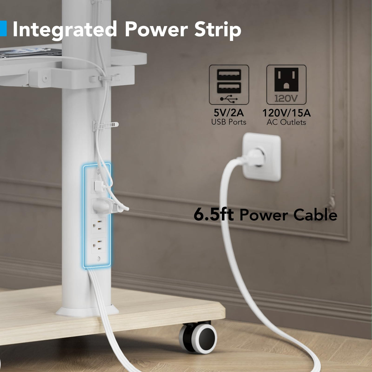 Mobile TV Stand with Power Outlets & Shelf, 27-65 Inch Swivel Height Adjustable White L645