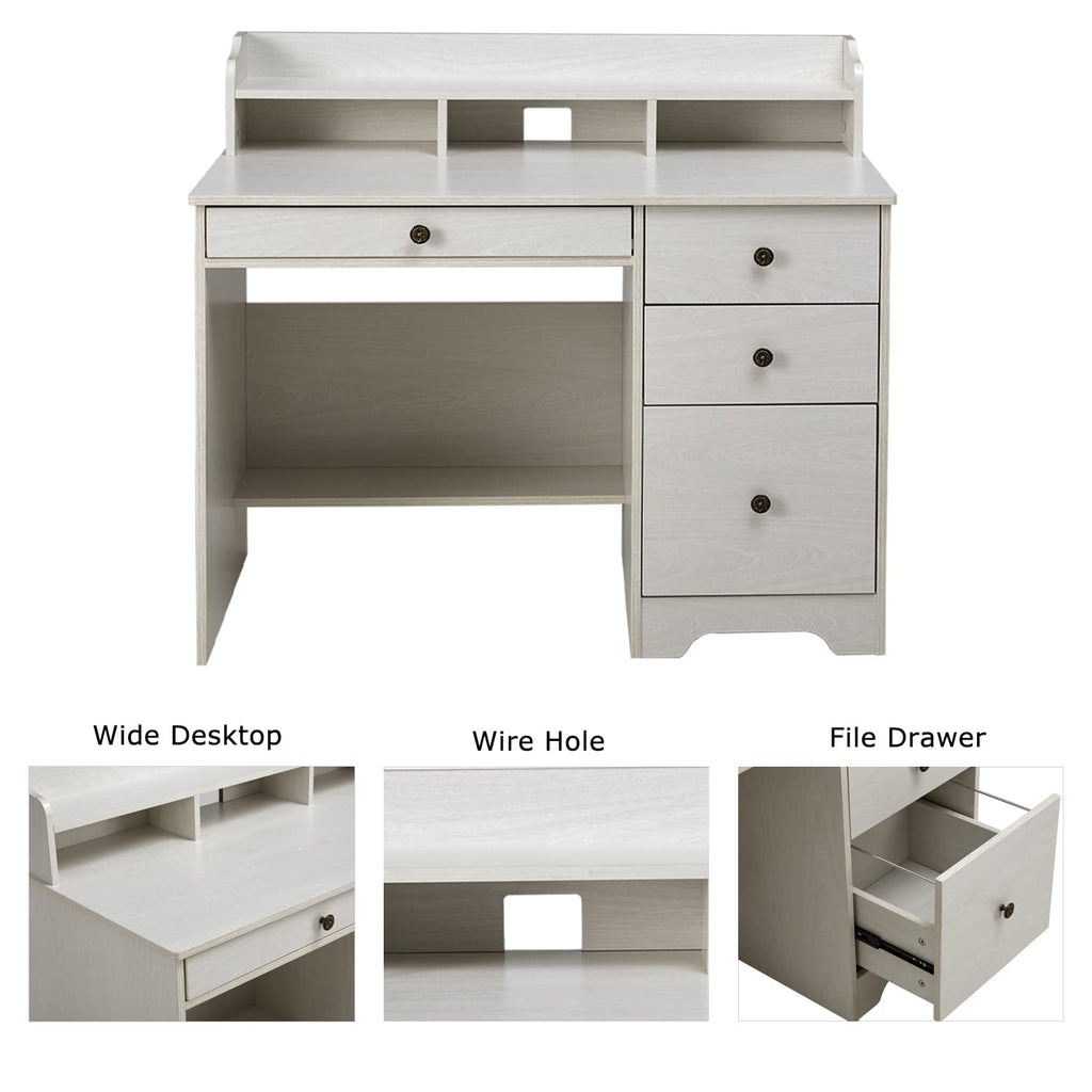 Oak White Computer Desk with 4 Drawers and Hutch Shelf N998309