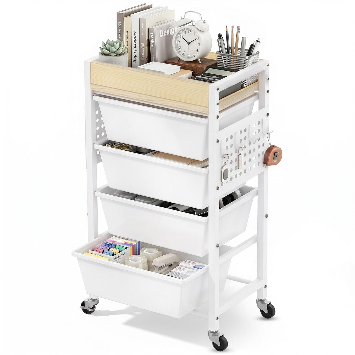 5 Tier Rolling Cart with Drawers, White Y3457