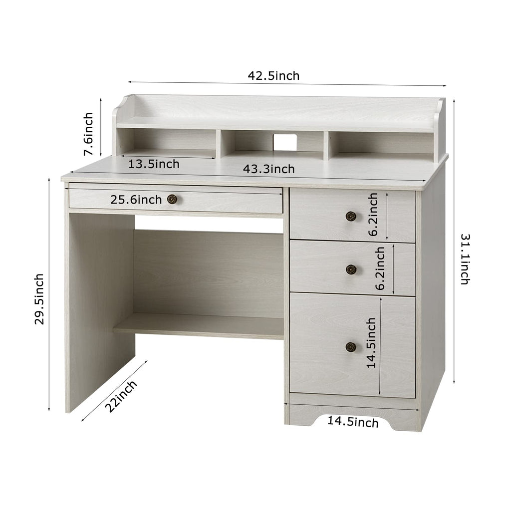 Oak White Computer Desk with 4 Drawers and Hutch Shelf N998309