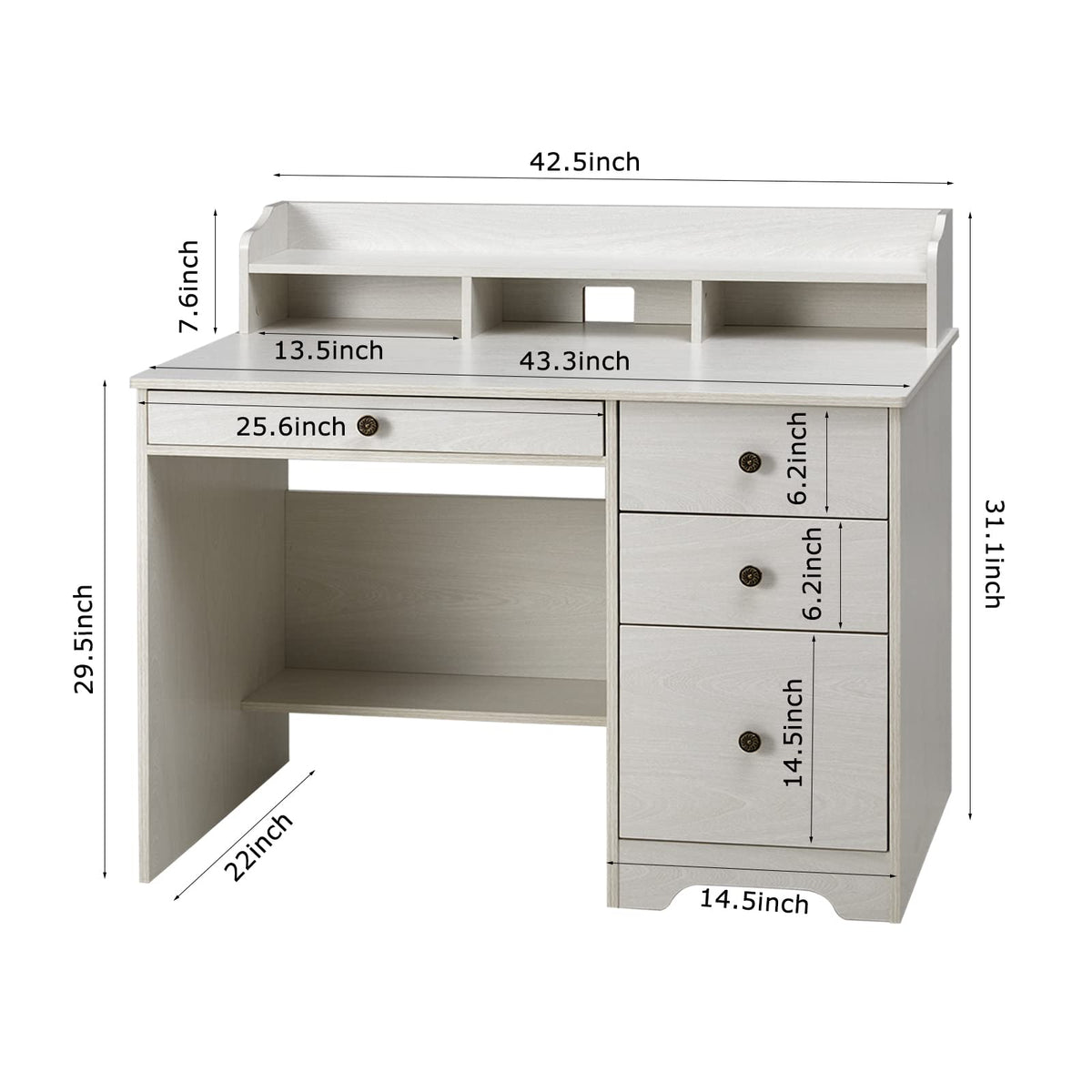 Oak White Computer Desk with 4 Drawers and Hutch Shelf N998309