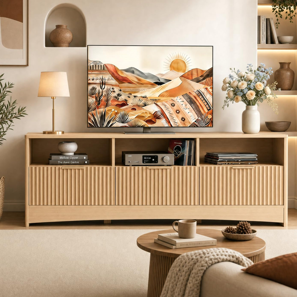 59″ Wide 3 Drawer TV Stand with Open Shelves, Natural Oak D430