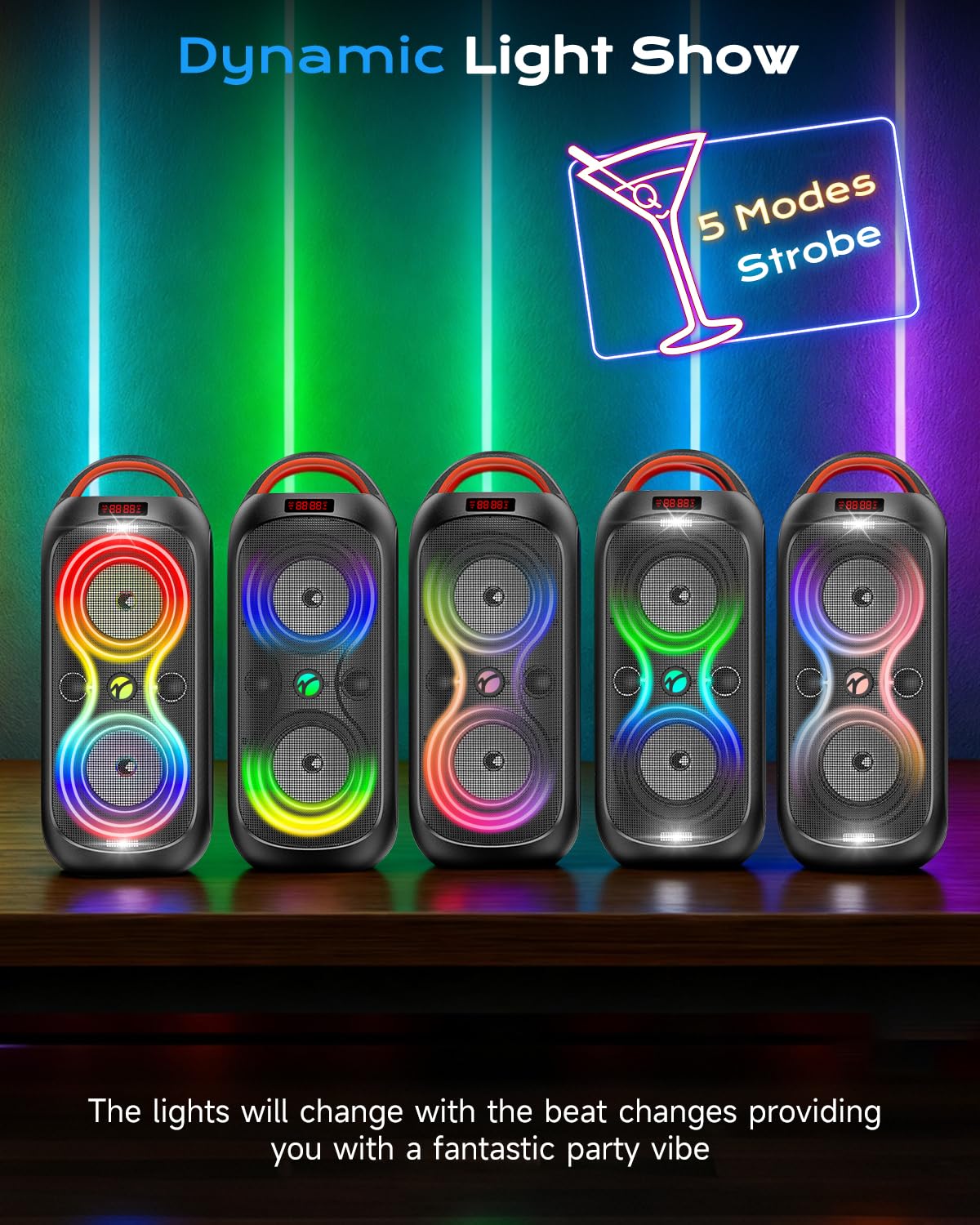 Party Bluetooth Speaker with Dual 4" Woofers, 60W Peak Power, 12H Playtime, Dynamic LED Lights, TWS, FM, AUX, USB, Mic Input, Portable Rechargeable Speaker for Indoor & Outdoor Events -Updated Version C98382