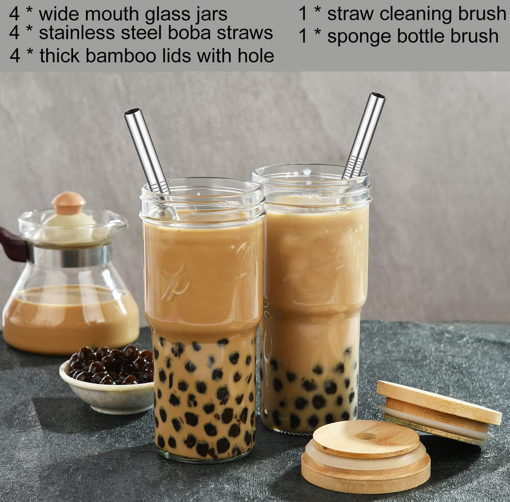 4-Pack 24 OZ Glass Cups with Bamboo Lids and Straws J718047