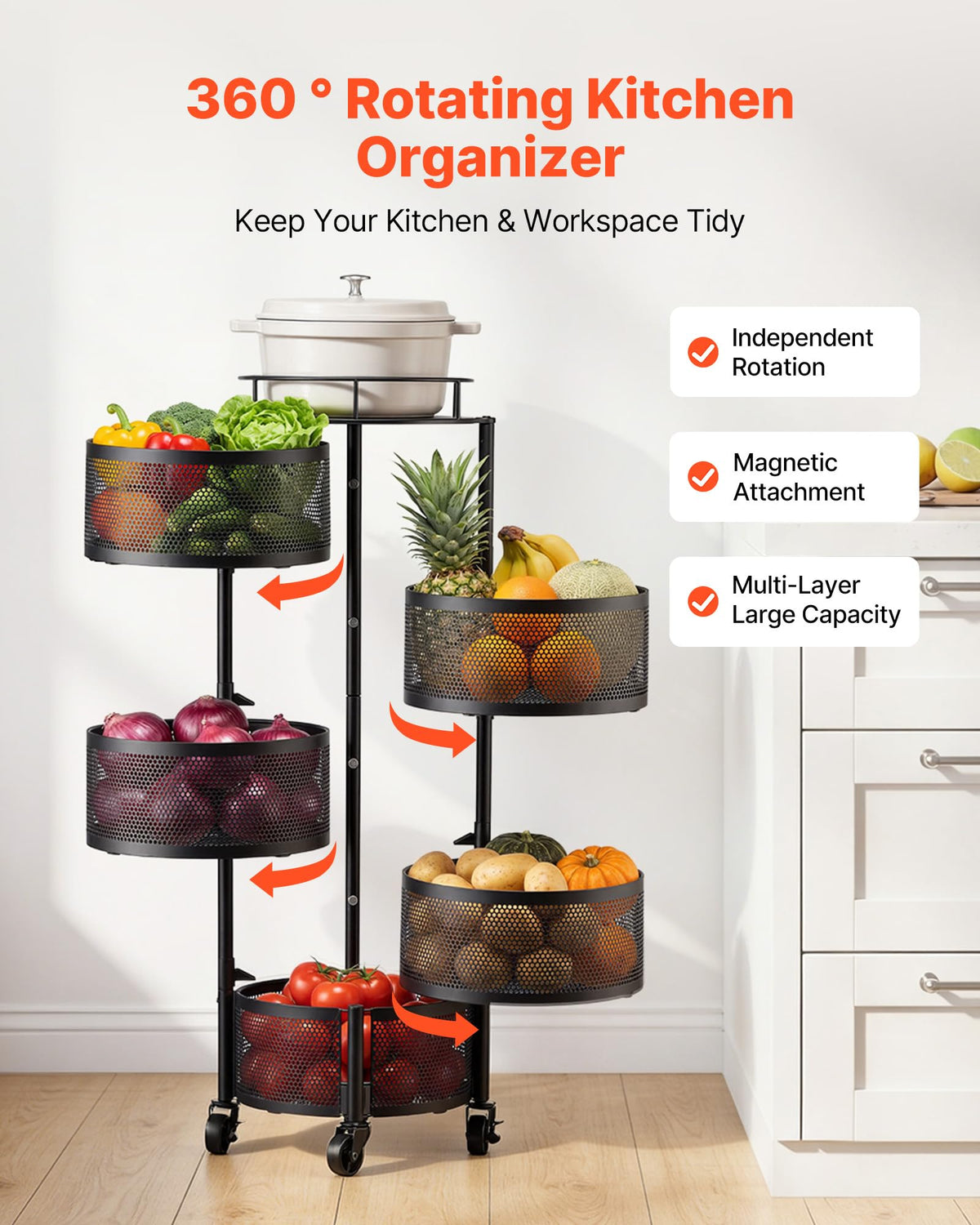 5 Tier Rotating Storage Rack Cart on Wheels, Black V258