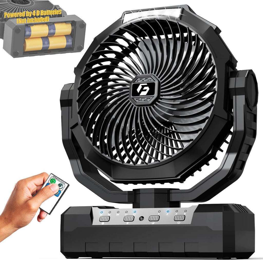 Battery Operated Portable Camping Fan with 4 Speeds, Light, Timer, Remote - Black I66392