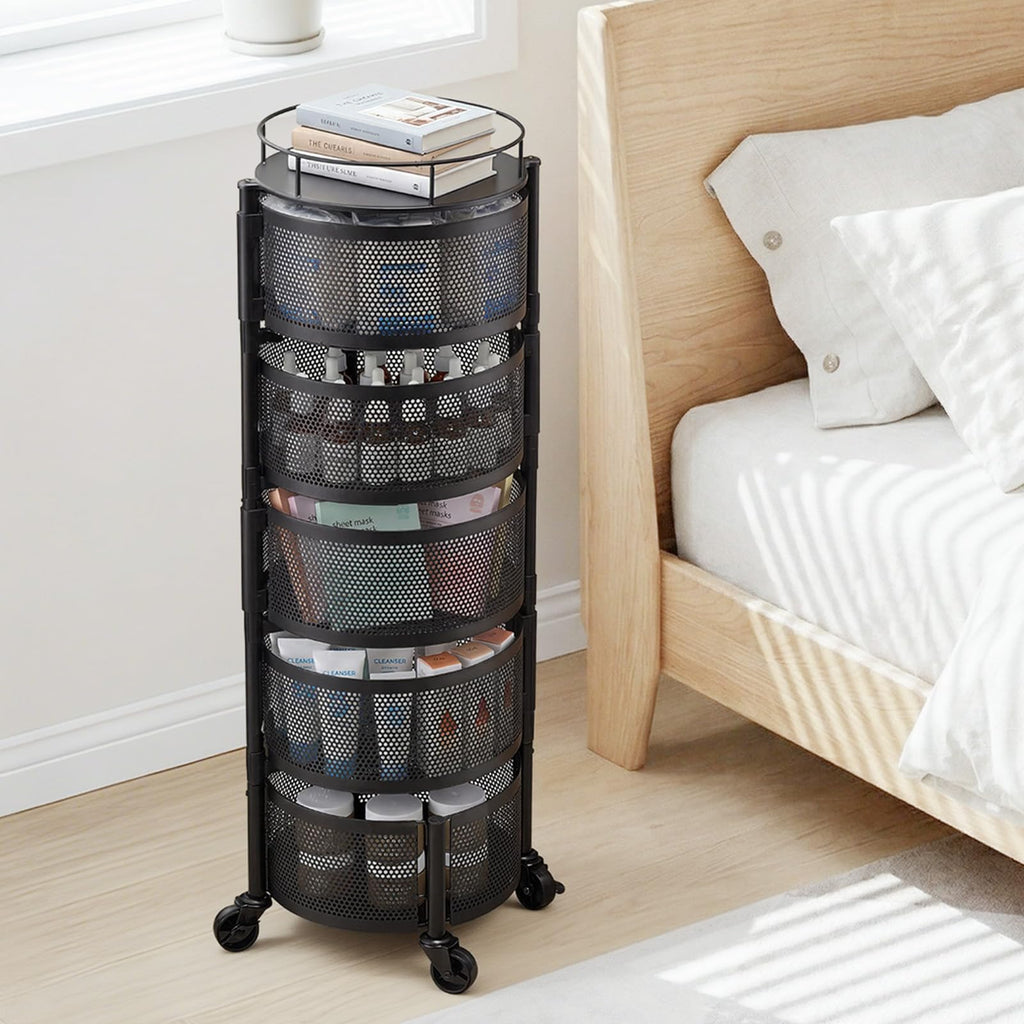 5 Tier Rotating Storage Rack Cart on Wheels, Black V258