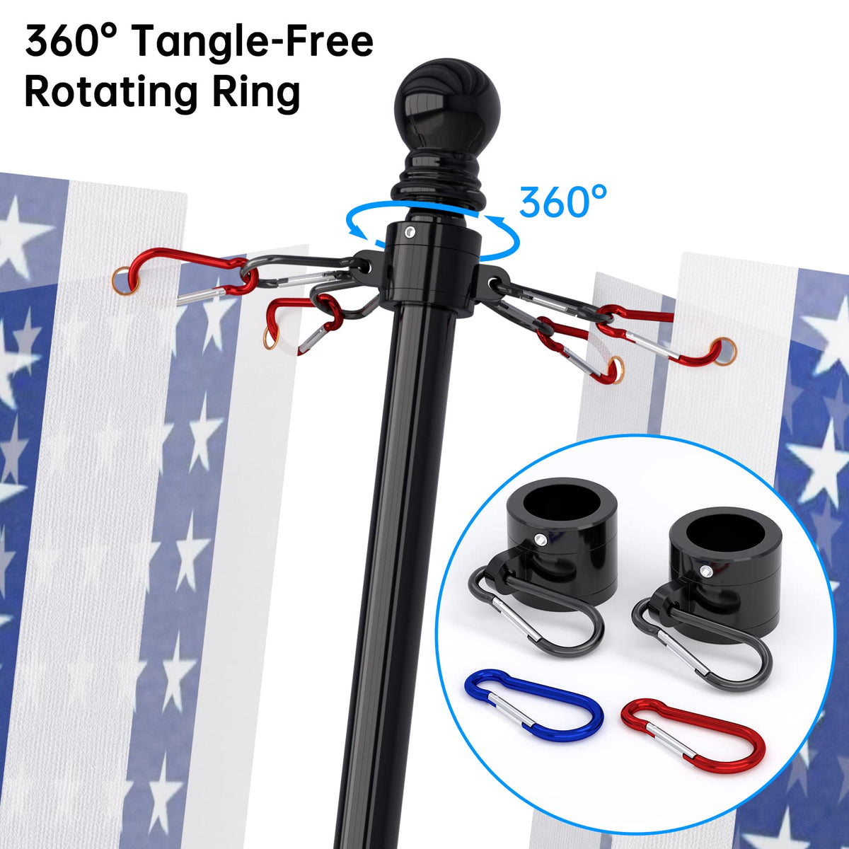 2 Pack 6FT Black Stainless Steel Flag Pole Kit with Solar Light T5828