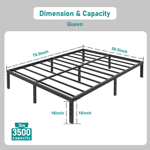 18 Inch Queen Metal Platform Bed Frame Heavy Duty Black H609
