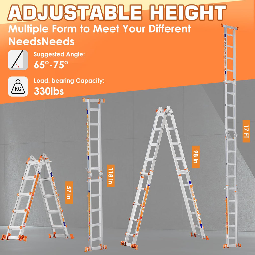 Telescoping A Frame Ladder, 17FT Multi Position Ladder with Stabilizer Bar & Wheels Z32019