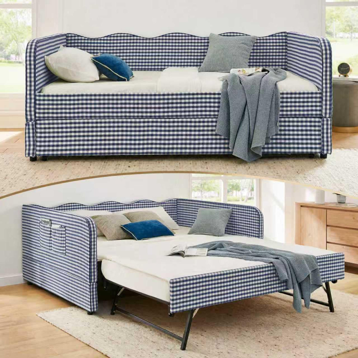Blue Gingham Twin Daybed with Pop Up Trundle K607