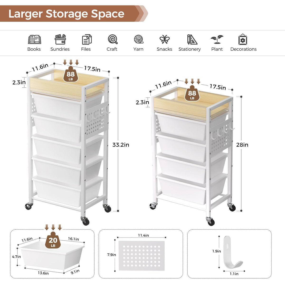 5 Tier Rolling Cart with Drawers, White Y3457