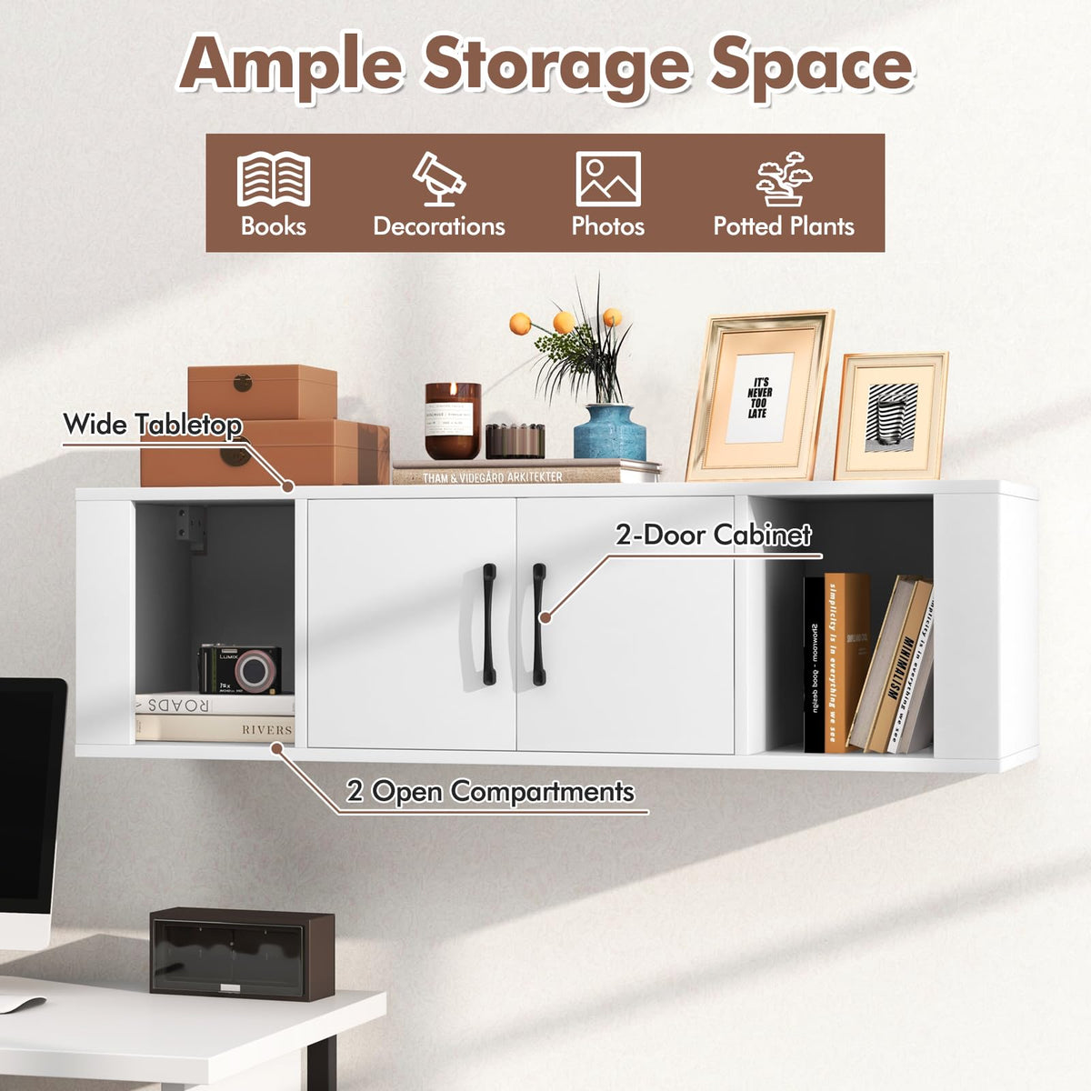 Wall Mounted Storage Cabinet, 2 Cube Floating Desk with Doors, White Z717074