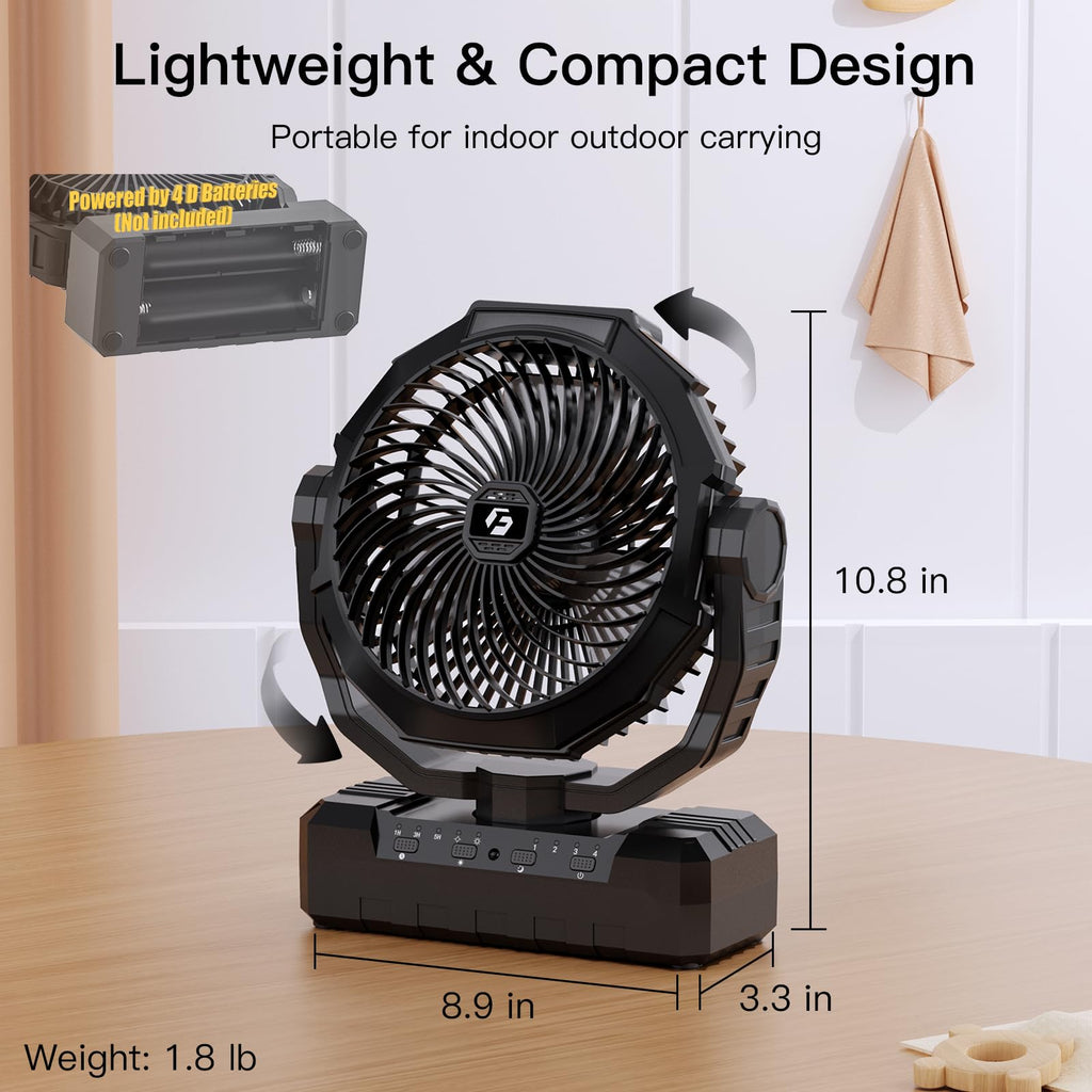 Battery Operated Portable Camping Fan with 4 Speeds, Light, Timer, Remote - Black I66392