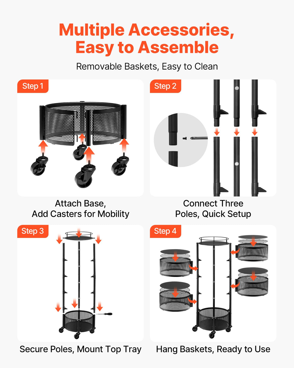 5 Tier Rotating Storage Rack Cart on Wheels, Black V258