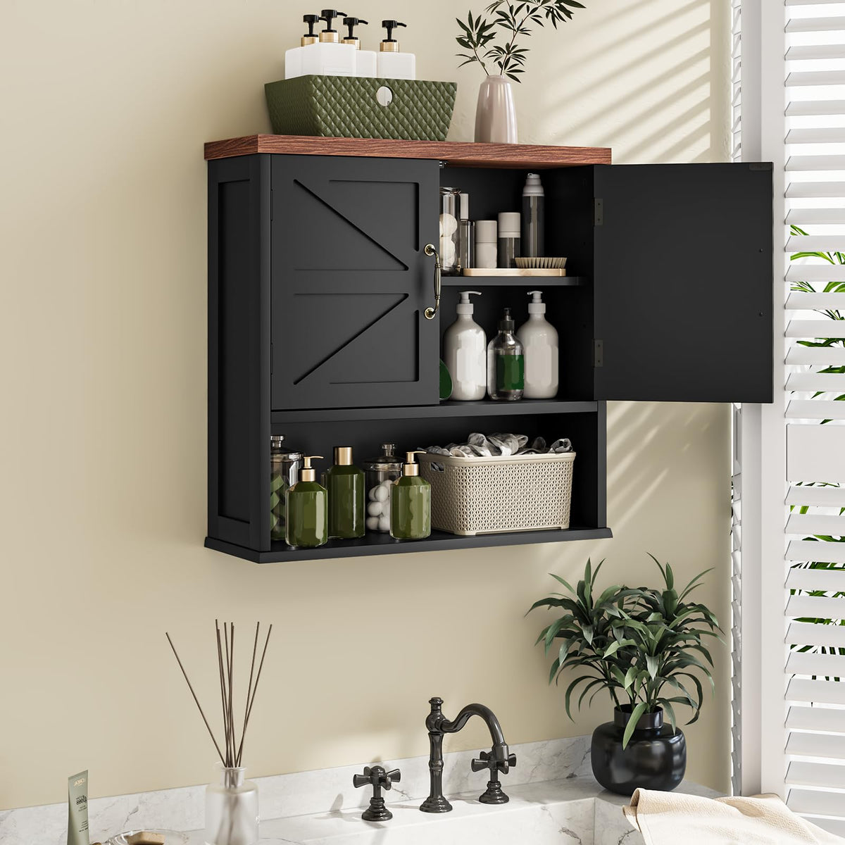 Black Wall Mounted Bathroom Cabinet with Adjustable Shelf B6434