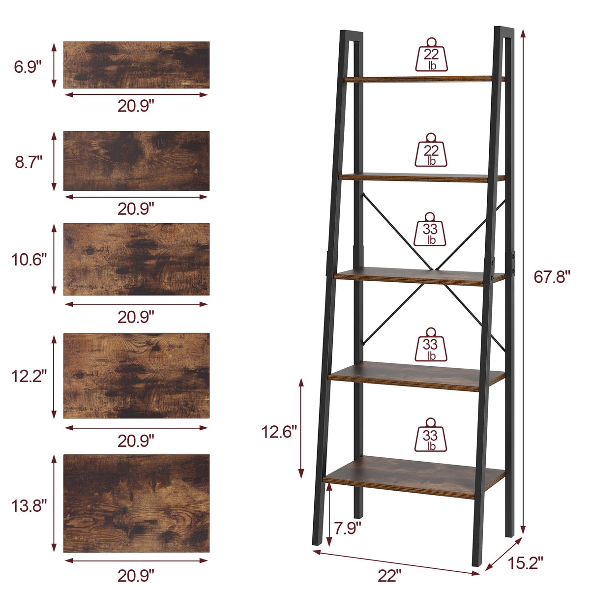 5-Tier Ladder Bookshelf with Metal Frame P934396