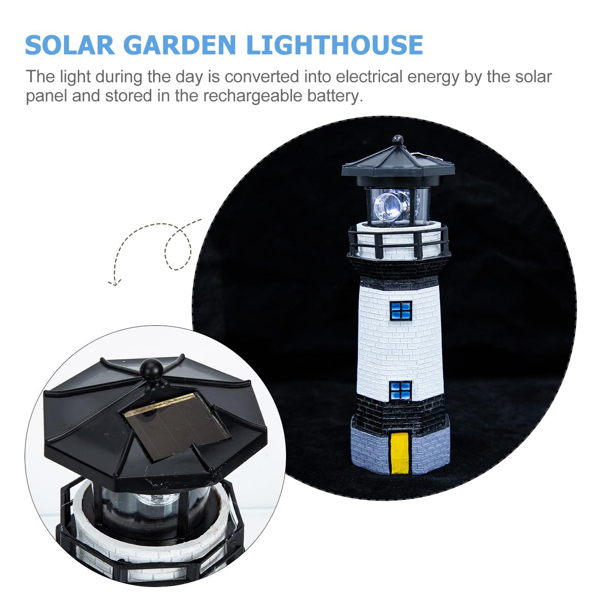 Black and White Resin Solar-Powered LED Lighthouse Garden Light M8054