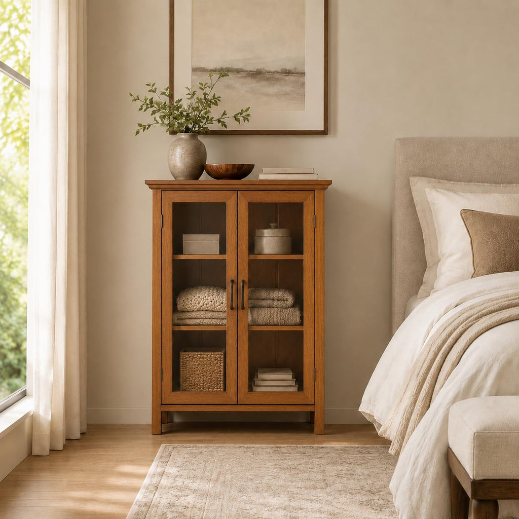 Wooden Freestanding Floor Cabinet with 2 Adjustable Shelves and 2 Glass Paneled Doors W873