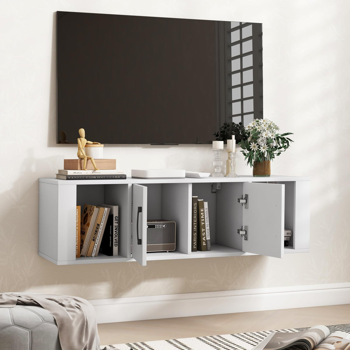 Wall Mounted Storage Cabinet, 2 Cube Floating Desk with Doors, White Z717074
