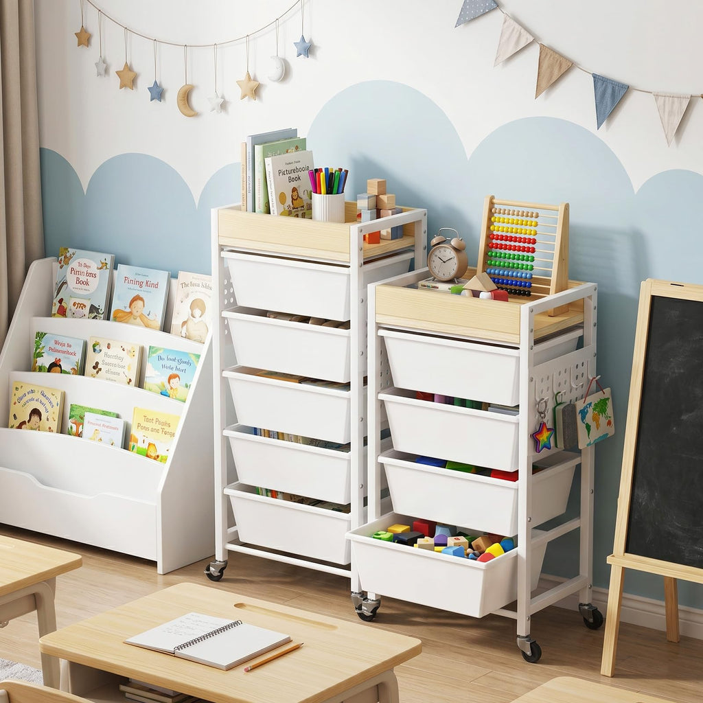5 Tier Rolling Cart with Drawers, White Y3457