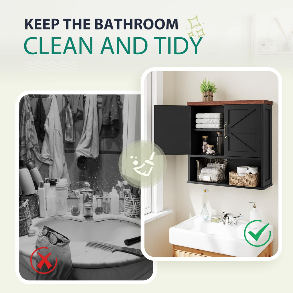 Black Wall Mounted Bathroom Cabinet with Adjustable Shelf B6434