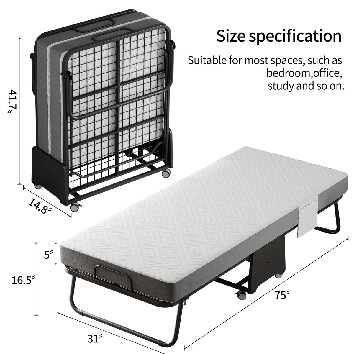Folding Bed with 5-inch Memory Foam Mattress and Metal Frame X15780