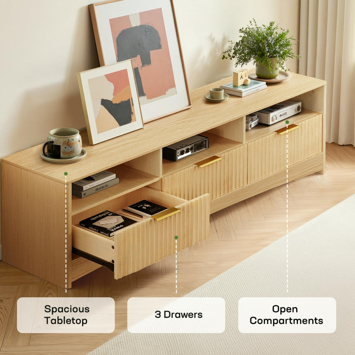 59″ Wide 3 Drawer TV Stand with Open Shelves, Natural Oak D430