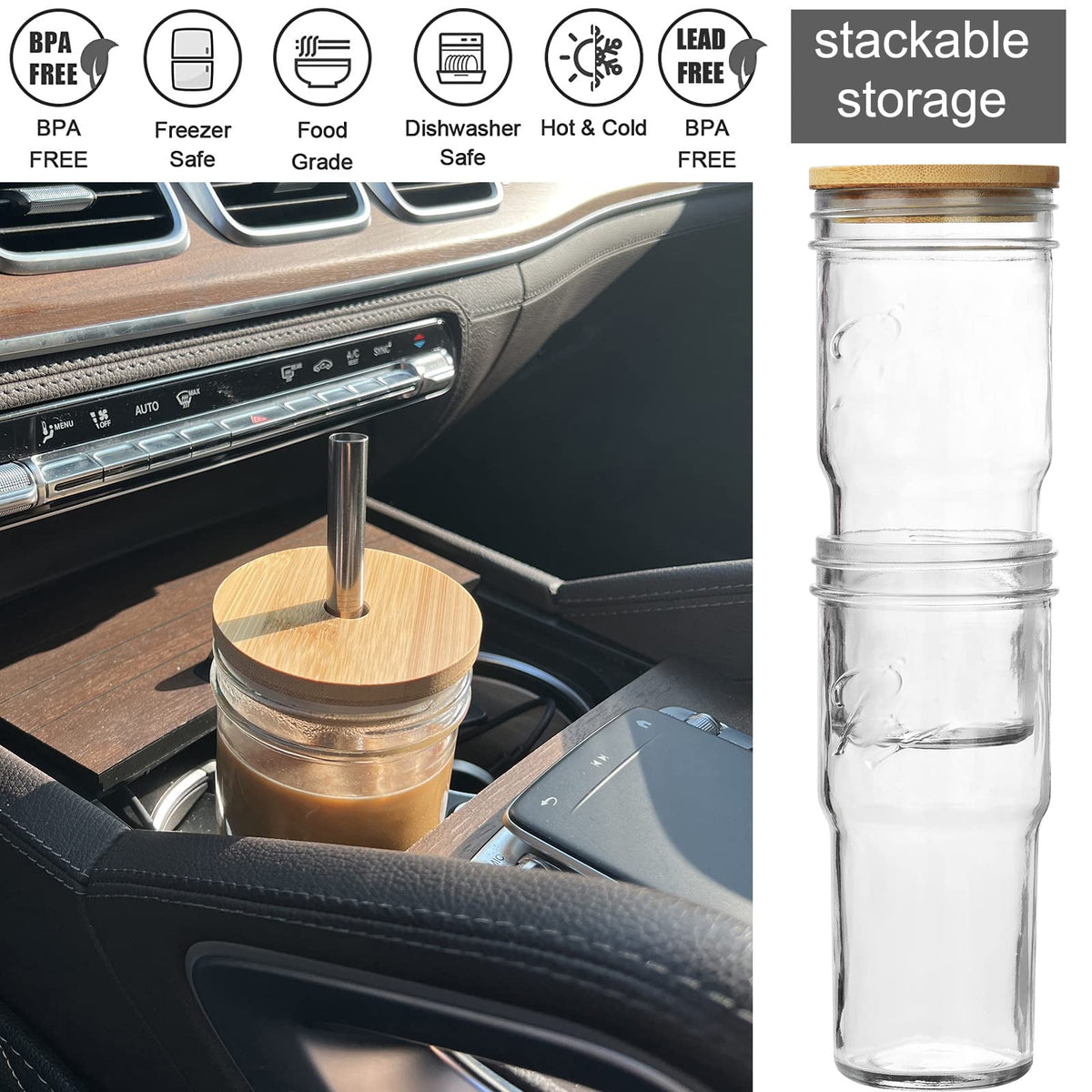 4-Pack 24 OZ Glass Cups with Bamboo Lids and Straws J718047