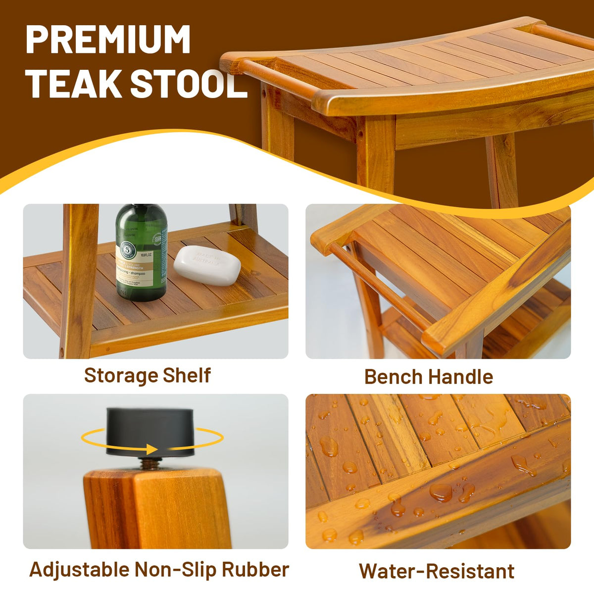 20" Teak Shower Bench with Shelf & Handle X98327