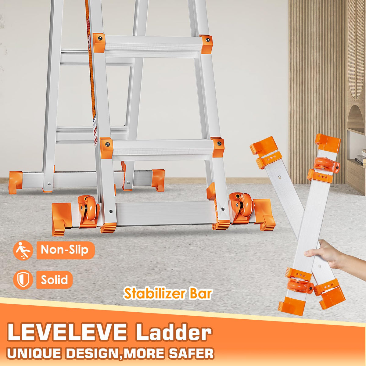 Telescoping A Frame Ladder, 17FT Multi Position Ladder with Stabilizer Bar & Wheels Z32019
