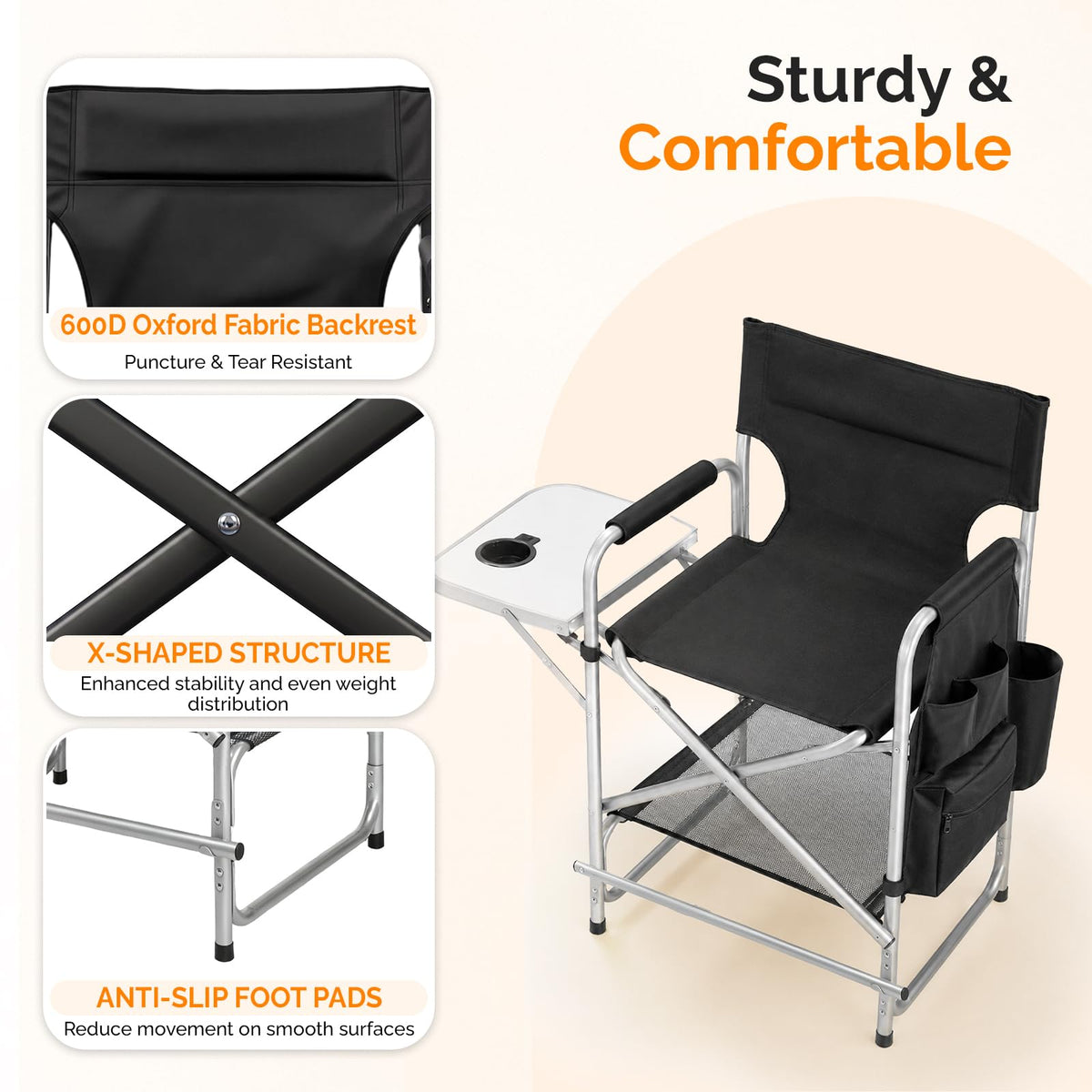 Black Foldable Makeup Chair with Side Table & Footrest Q726277