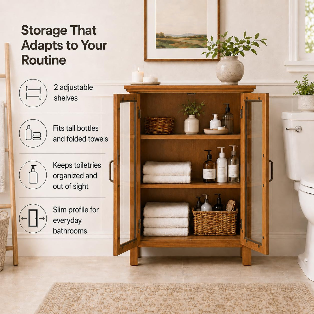 Wooden Freestanding Floor Cabinet with 2 Adjustable Shelves and 2 Glass Paneled Doors W873