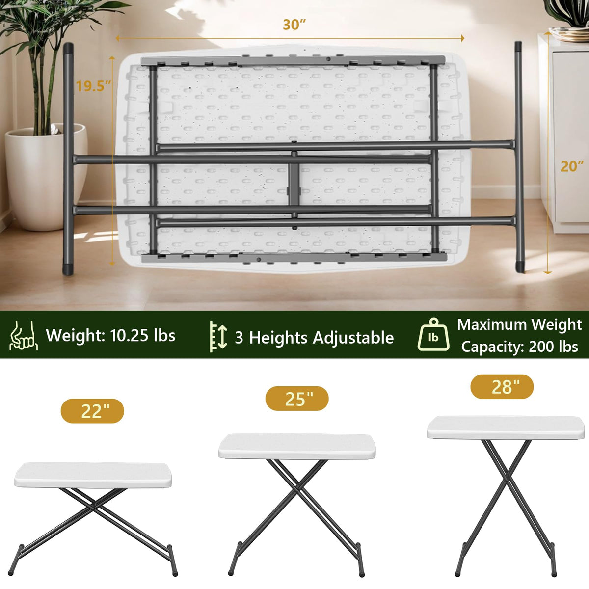 Folding Table 30 Inch Adjustable Height White Granite R3901