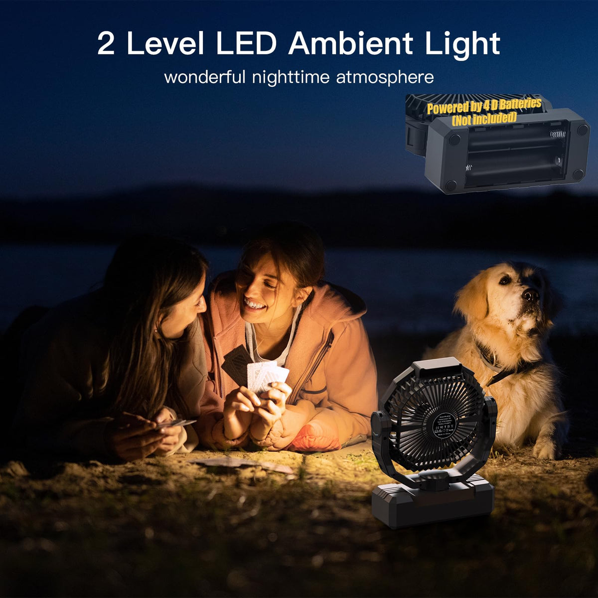 Battery Operated Portable Camping Fan with 4 Speeds, Light, Timer, Remote - Black I66392