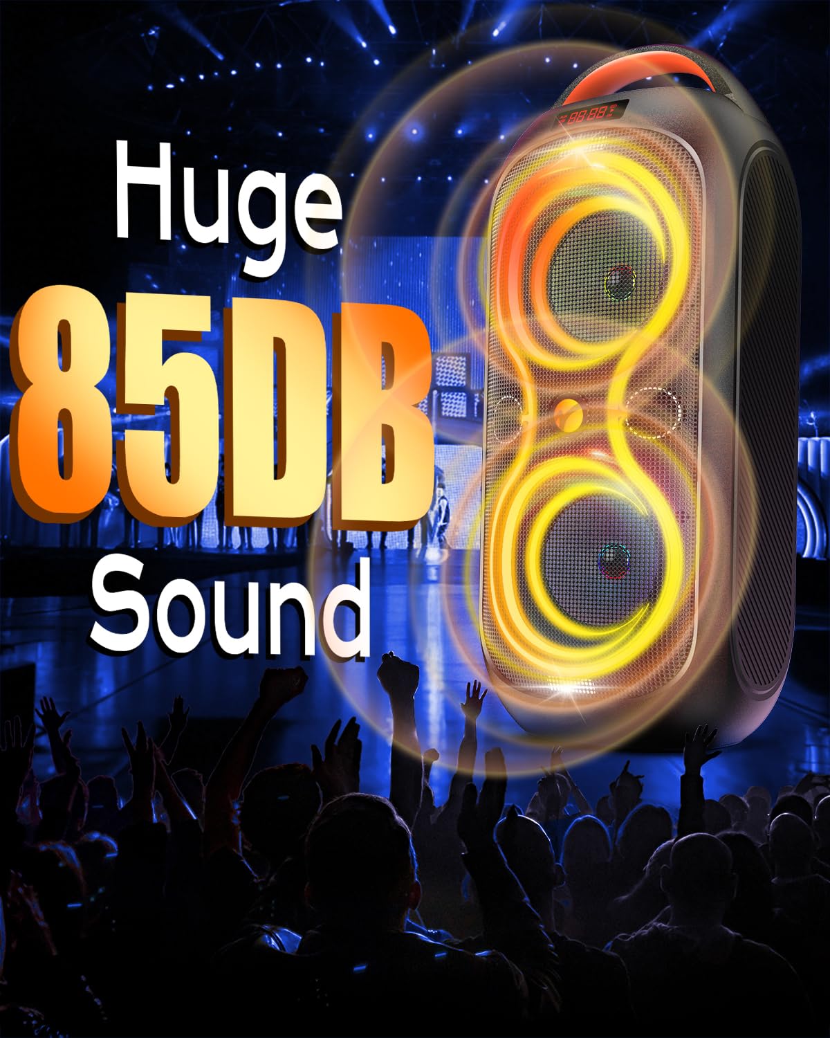 Party Bluetooth Speaker with Dual 4" Woofers, 60W Peak Power, 12H Playtime, Dynamic LED Lights, TWS, FM, AUX, USB, Mic Input, Portable Rechargeable Speaker for Indoor & Outdoor Events -Updated Version C98382