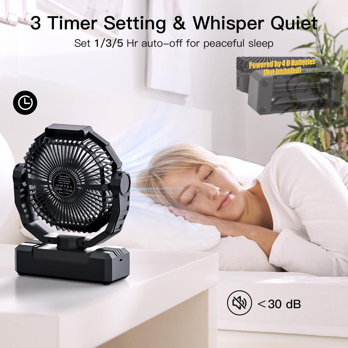 Battery Operated Portable Camping Fan with 4 Speeds, Light, Timer, Remote - Black I66392