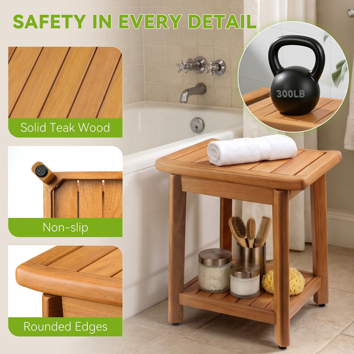 Waterproof Wooden Teak Shower Bench V447