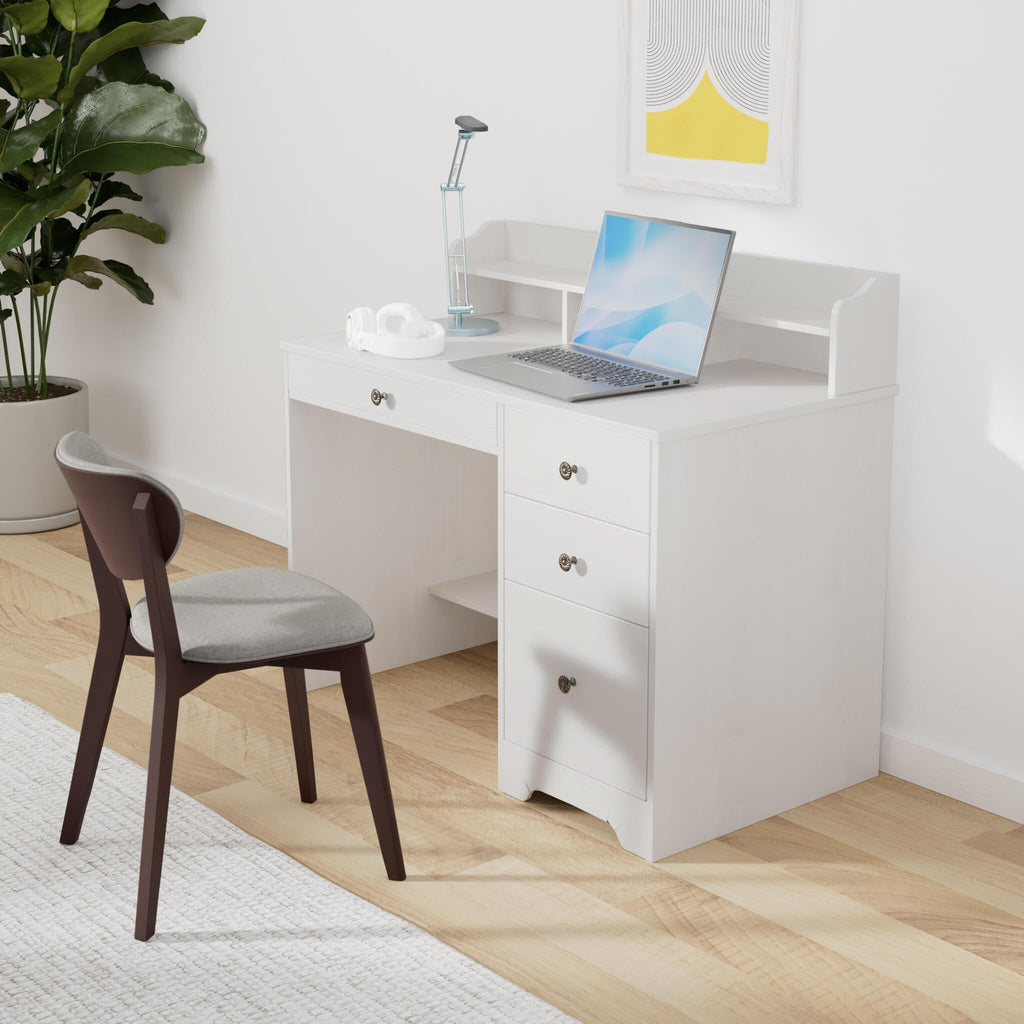 Oak White Computer Desk with 4 Drawers and Hutch Shelf N998309