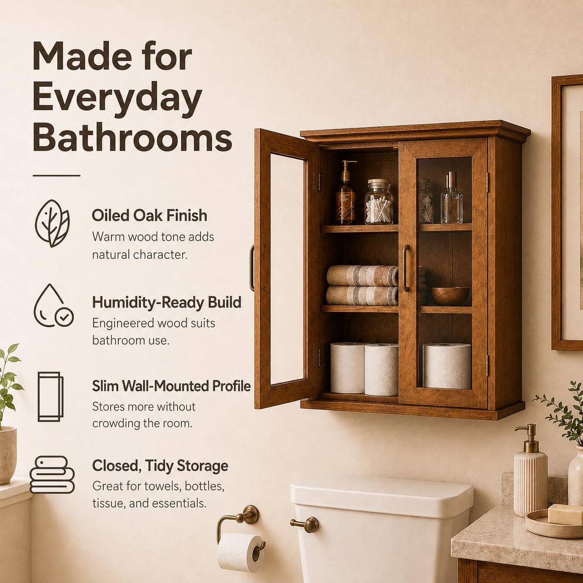 Wooden Over The Toilet Bathroom Medicine Cabinet with 2 Adjustable Shelves R1934