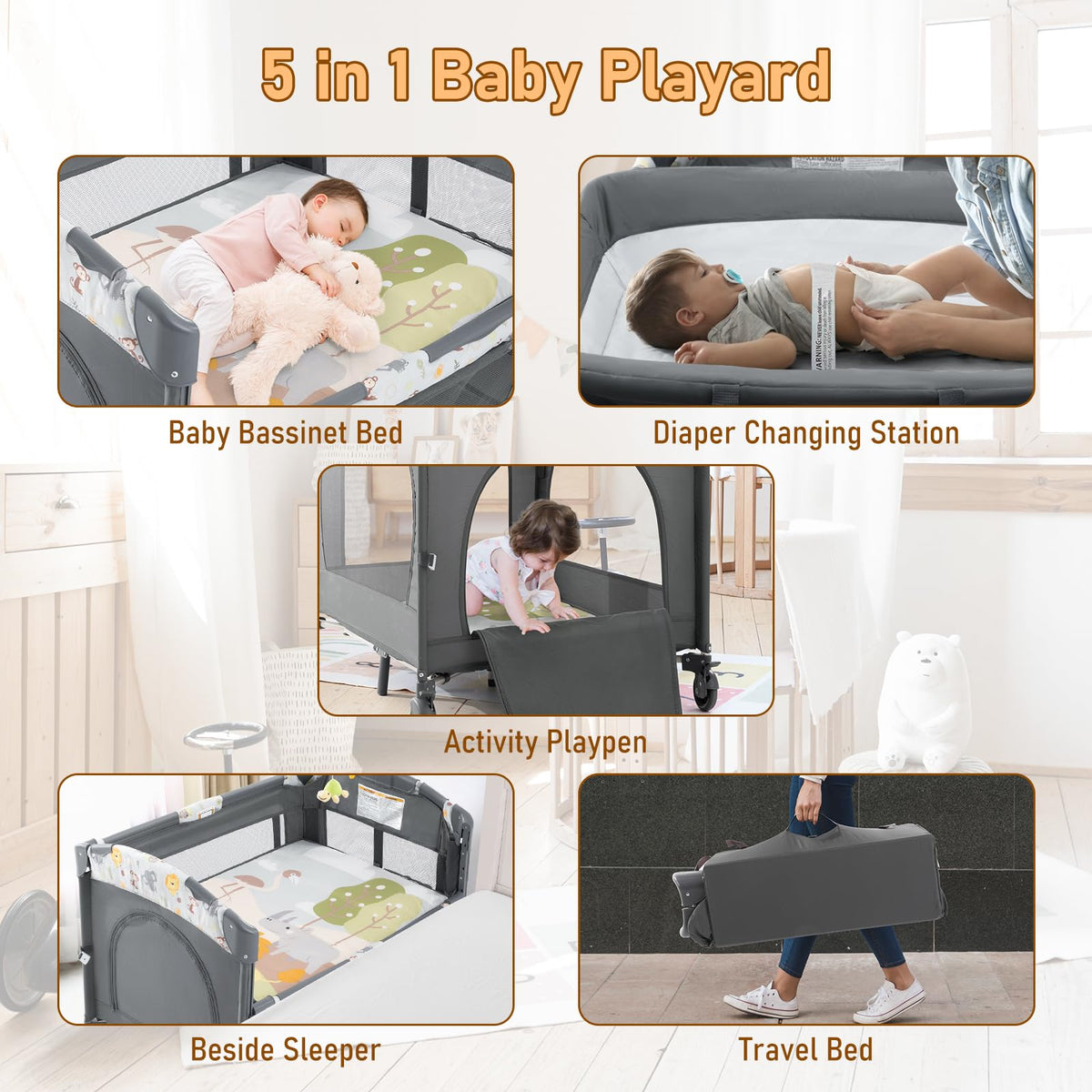 5-in-1 Convertible Baby Crib Bassinet Playpen F876391