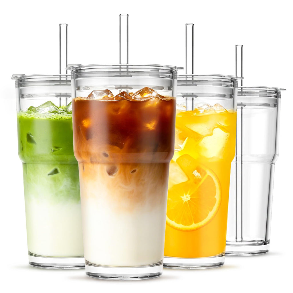 20 oz Iced Coffee Cups with Lids and Straw, Set of 4 Glass Tumbler K26836
