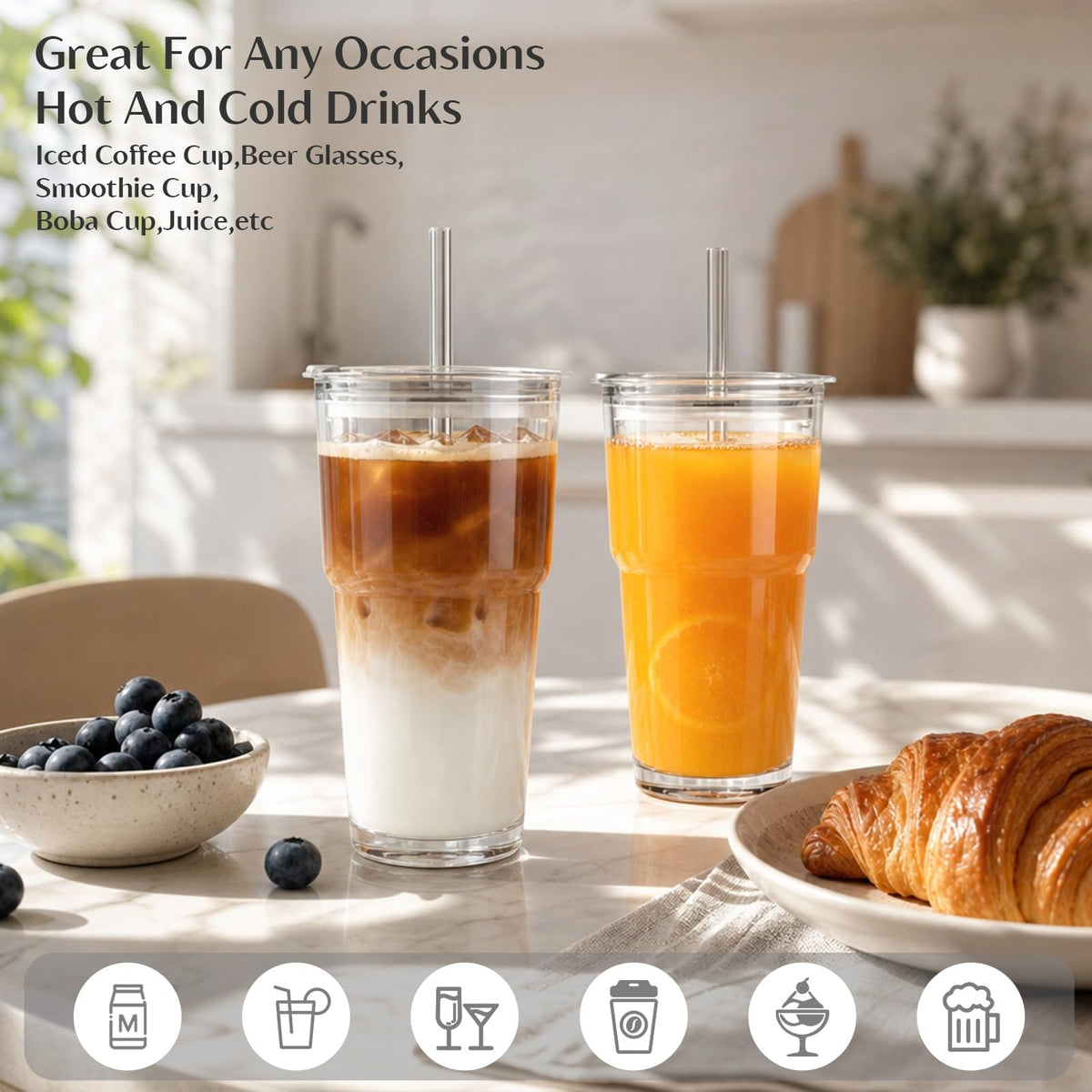 20 oz Iced Coffee Cups with Lids and Straw, Set of 4 Glass Tumbler K26836